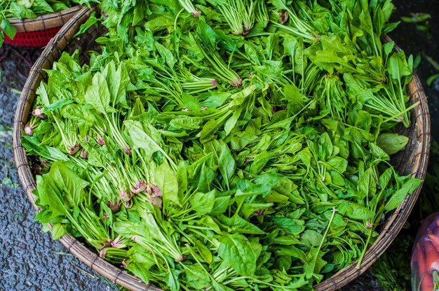 Fresh greens in the wicker basket on the Vietnamese market