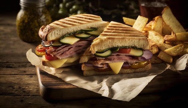 Fresh grilled beef sandwich on rustic wood table generative AI