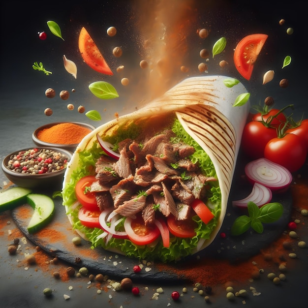 fresh grilled beef Turkish or chicken Arabic shawarma donor sandwich with flying ingredients and spi
