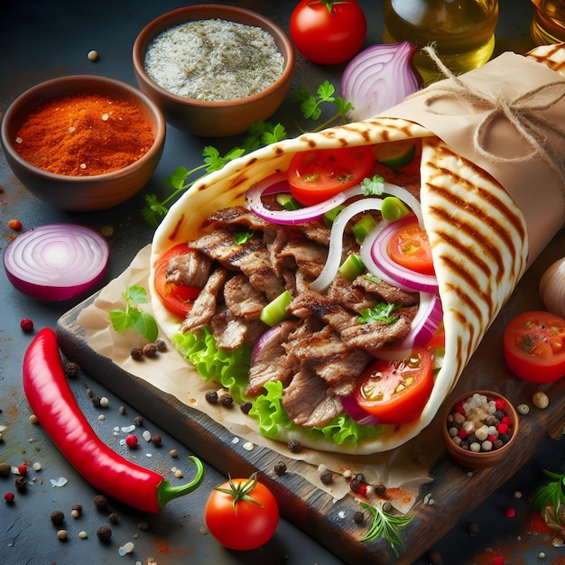 Foto carne di manzo fresca alla griglia turca o pollo arabo shawarma donatore panino con ingredienti volanti