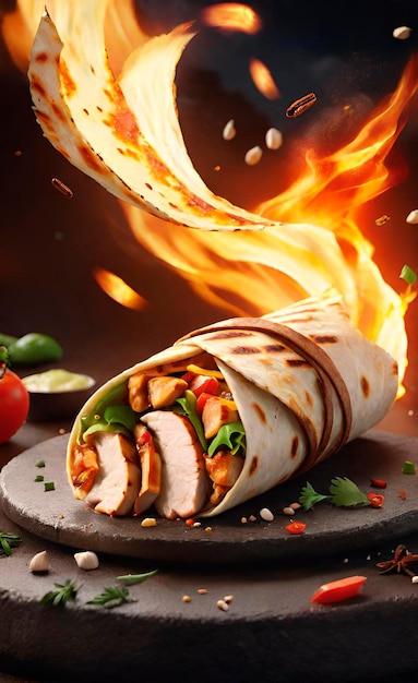 Photo fresh grilled chicken wrap roll with flying ingradients and spices hot ready to serve and eat