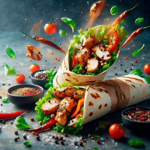 Photo fresh grilled chicken wrap roll with flying ingradients and spices hot ready to serve and eat