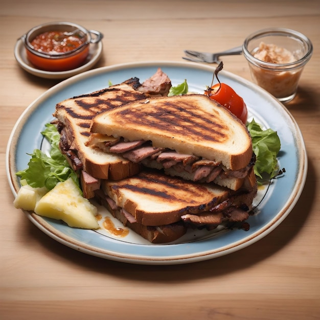 Fresh Grilled Meat on a Toasted Sandwich Plate