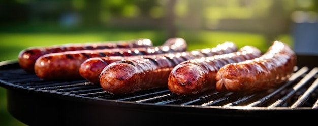 Fresh grilled sausage vegetables cheese and steak on outdoor home grill panorama Generative Ai