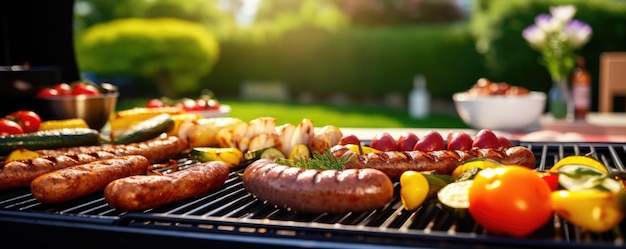 Fresh grilled sausage vegetables cheese and steak on outdoor home grill panorama Generative Ai