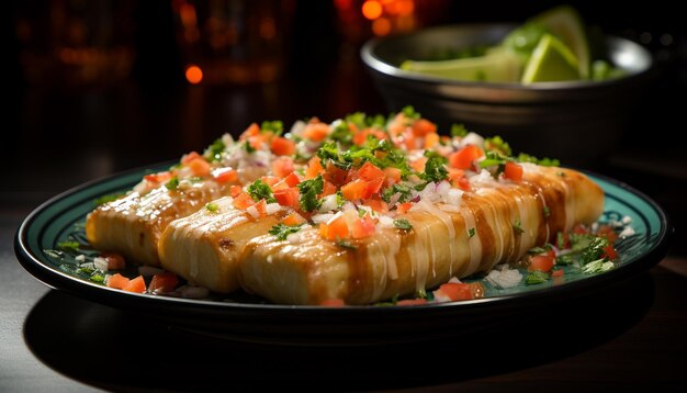 A fresh grilled seafood plate with healthy vegetables and guacamole generated by artificial intelligence