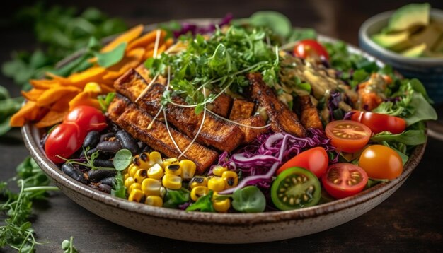 Fresh grilled vegetable salad on rustic wooden plate generated by AI