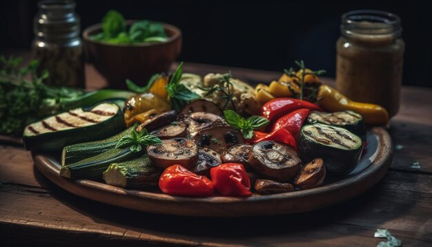 Fresh grilled vegetarian meal on rustic wood table generated by AI