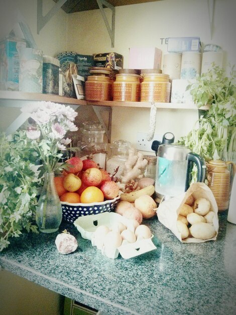 Fresh groceries on counter at kitchen