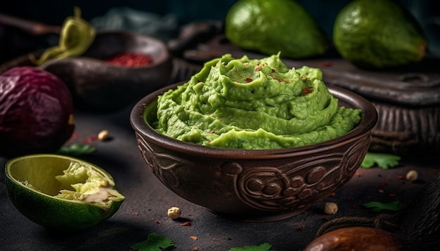 Fresh guacamole dip with ripe avocado and lime generated by AI