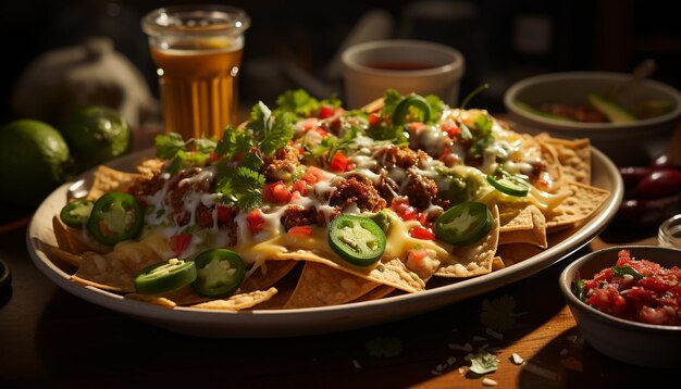 Foto guacamole fresco e taco su un piatto di legno pronti a mangiare un pasto messicano generato dall'intelligenza artificiale