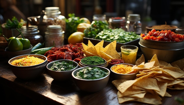 Fresh guacamole tomato and cilantro on a wooden table generated by artificial intelligence