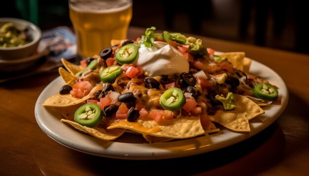 Photo fresh guacamole on a tortilla chip a delicious mexican appetizer generated by artificial intelligence