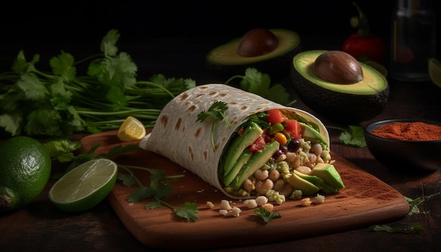 Foto guacamole fresco con lime di cilantro e pomodoro su una tortilla generata dall'intelligenza artificiale