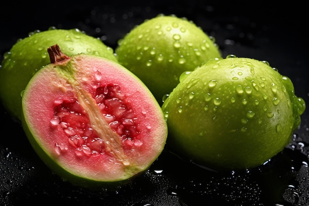 Photo fresh guava adorned with glistening raindrops of water