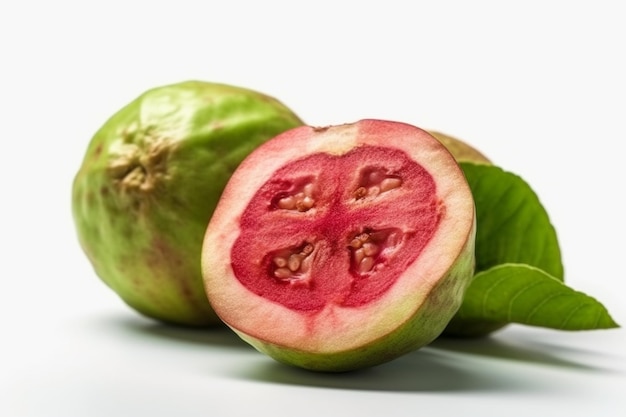 Fresh guava fruit with leaves isolated on white background Guava is a tropical fruit