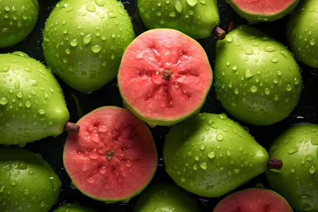 Fresh Guava fruits seamless background visible drops of water overhead angle