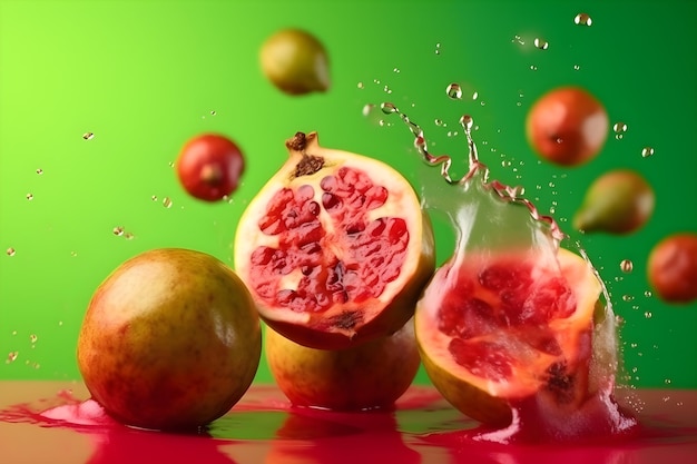 Fresh guavas flying with water splashes on bright color background