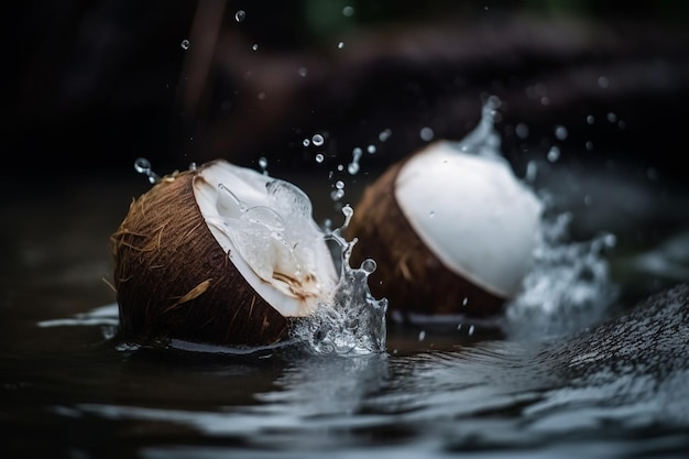 Foto noci di cocco fresche a metà rottura con spruzzi d'acqua su una pietra con messa a fuoco selettiva e sfocatura dello sfondo