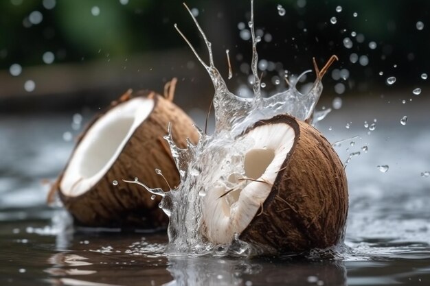 選択的な焦点とぼんやりした背景で石に水をスプラッシュして新鮮なココナッツを半分に割る