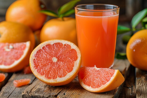 Fresh halved grapefruit and juice in the different container on table