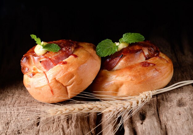 Fresh ham bread on wooden