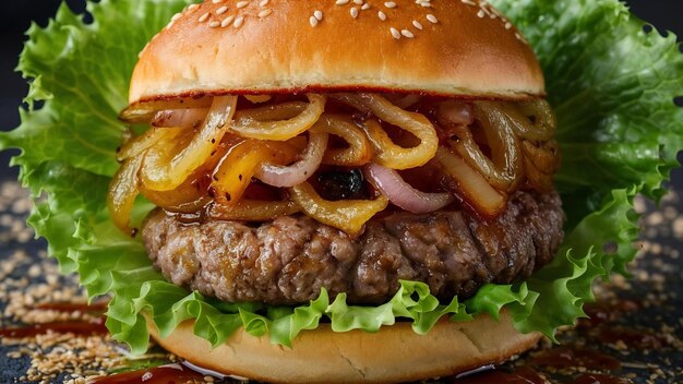 A fresh hamburger with salad and onion