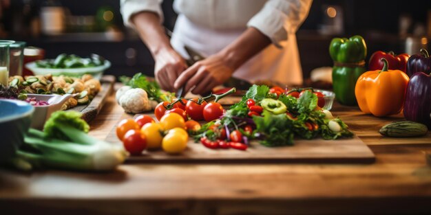 Свежие овощи, вырезанные вручную Здоровый вкусный салат, приготовленный поваром в зеленом фартуке на деревянном столе на фоне органических ингредиентов и красных помидоров