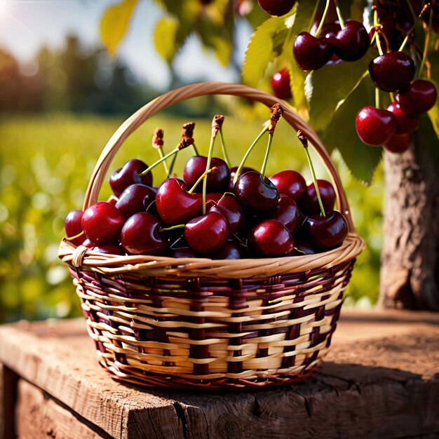 Photo fresh harvested basket of cherries in the farm plantation agricultural crop industry