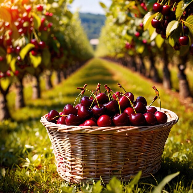 Photo fresh harvested basket of cherries in the farm plantation agricultural crop industry