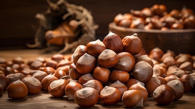 Fresh hazelnuts on the table