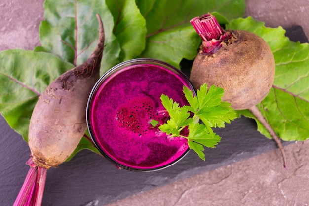 Fresh healthy beetroot juice. Flat lay.