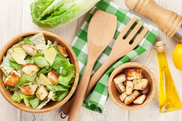 Fresh healthy caesar salad cooking