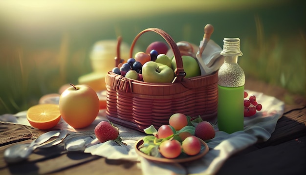 Fresh and healthy food and drink in picnic scene generative AI