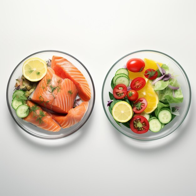 Fresh and healthy food ingredients for cooking top view of a glass bowl with raw salmon steaks and a bowl with fresh salad
