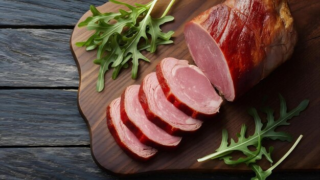 Fresh and healthy food sliced red meat lies on the wooden table with arugula