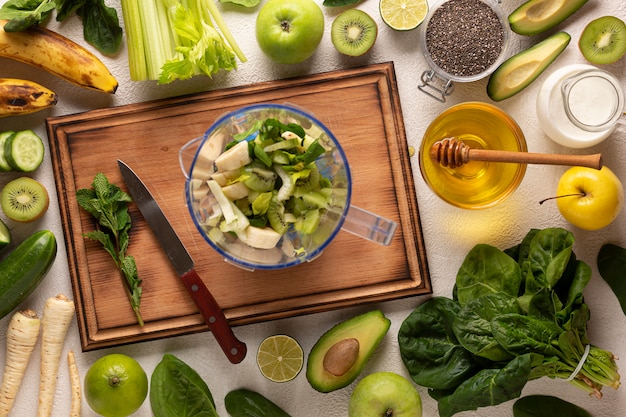 fresh and healthy food with cutting board