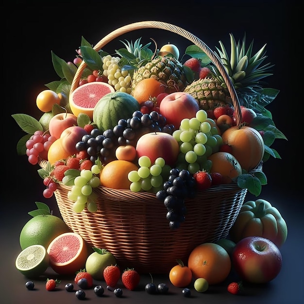 Photo fresh and healthy fruits arranged in a straw basket