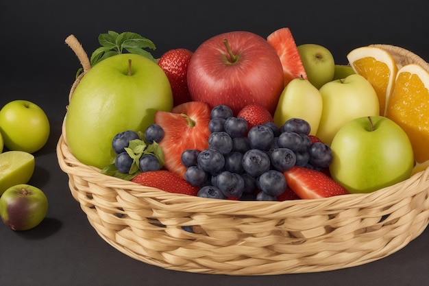 fresh and healthy fruits in straw basket isolate on black screen