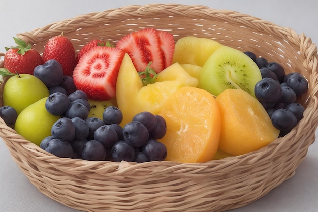 fresh and healthy fruits in straw basket isolate on black screen