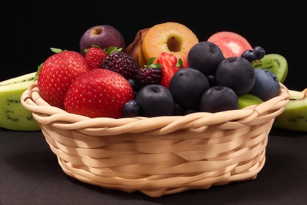 fresh and healthy fruits in straw basket isolate on black screen