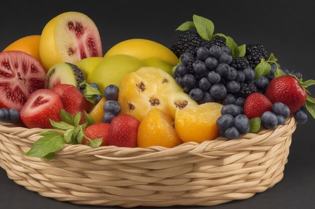 fresh and healthy fruits in straw basket isolate on black screen