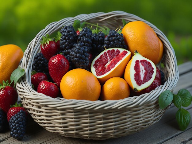 Fresh and healthy fruits in straw basket