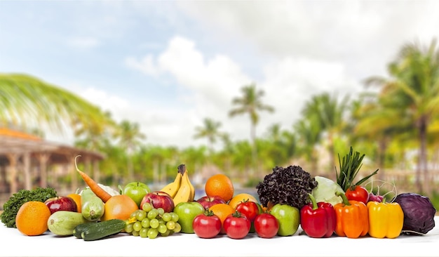 Fresh and healthy fruits on white table