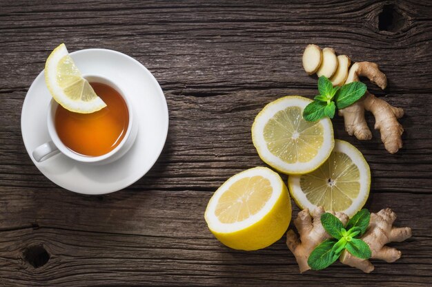 Fresh healthy ginger tea ginger and ripe lemon