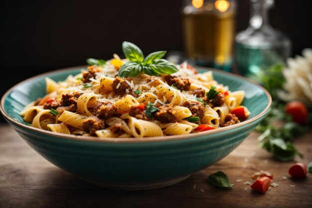 Foto cucina italiana fresca e sana a tavola con pasta vegetariana