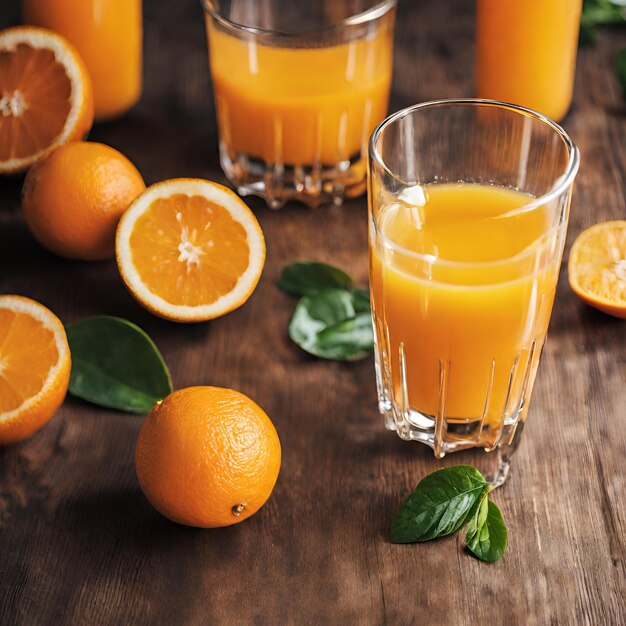 写真 新鮮なオレンジジュース ガラスの上で木製のテーブル