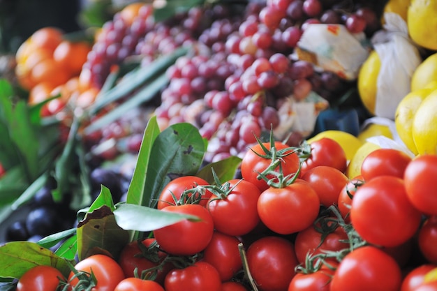 Fresh healthy organic food fruits and vegetables at market