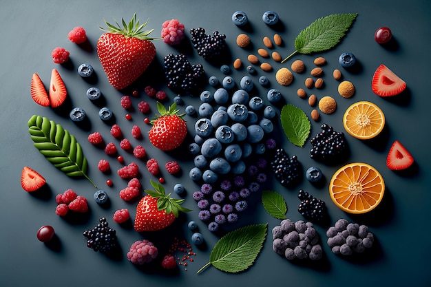 Fresh Healthy organic fruits with different Fruits and Berries on table varieties with Generative AI