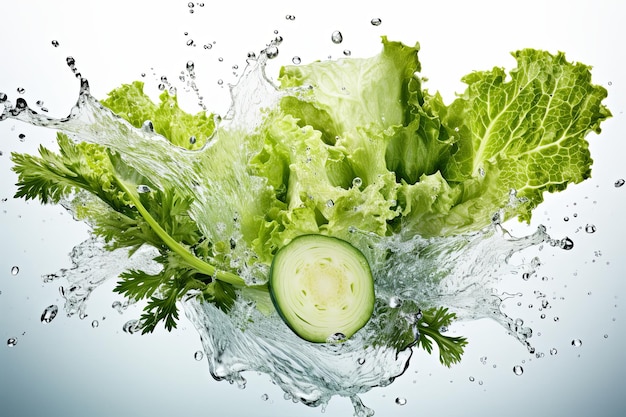 白い背景に落ちる氷の水滴のスプラッシュと新鮮で健康的な有機緑の野菜